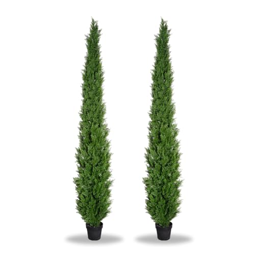 8 Feet Pre-Potted Evergreen Outdoor Artificial Cedar Tree for Front Porch Decor, Outdoor Entryway Decor Fake Tree, Tall Faux Tree with UV Resistant Coating (2 Pack) - style: 2 Pack