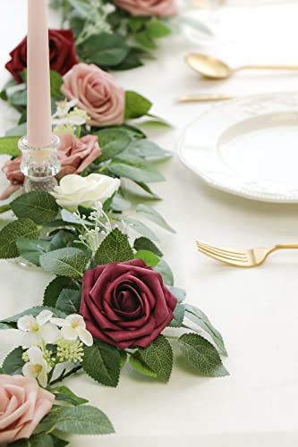 PONATIA 5FT Burgundy Artificial Flowers Garland, Dusty Rose Flowers Garland for Wedding Ceremony Garlands Backdrop Arch Flowers, Table Christmas Decorations (Burgundy & Ivory) - color: Burgundy & Ivory & Dusty Rose