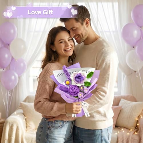 Crochet Flower Bouquet, Purple Handmade Knitted Flowers | Crochet Rose Lavender Flowers, With Card Gift, For Lover Girlfriend Friends - color: Lavender Rose
