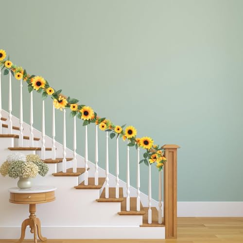Zythrem 6 Pack Artificial Sunflower Garland for Decoration 7.22FT Silk Sunflower Yellow Flower Vines with Green Leaves Summer Garland for Mantle Wedding Table Home Baby Shower Party