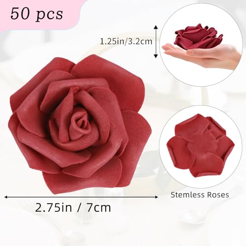 50 PCS Burgundy Foam Rose Stemless Artificial Flower Head Bulk 2.75in Mini Fake Simulated Eternal Flores Roses Flower for DIY Craft Bridal Bouquets Centerpieces Arrangement Home Decoration - color: Burgundy