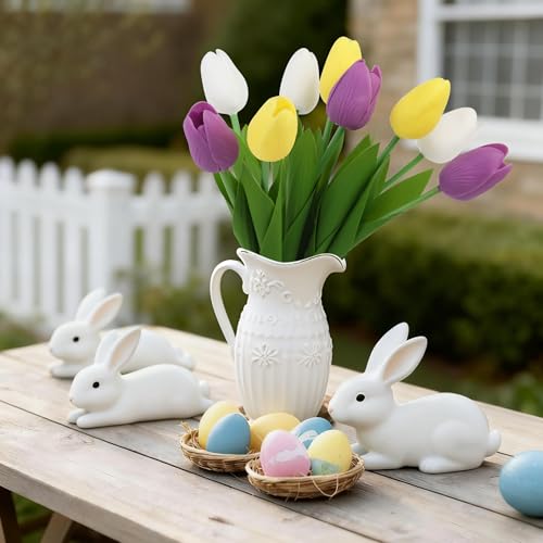 Artificial Tulips Flowers Fake Latex Tulip Stems - 56pcs Real Touch Faux Multicolor Tulips Flower for Spring Wedding Bouquet Centerpiece Floral Arrangement Cemetery Table Decor - color: White,yellow,purple 01