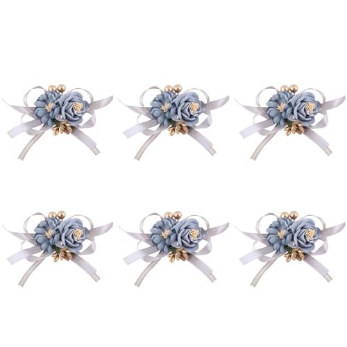 Dusty Blue Wrist Corsages Set of 6 for Wedding Bridal Bride Bridesmaid Artificial Hand Flower Corsage Wristlet Band Homecoming Graduation Prom Party Dusty Blue - color: Dusty Blue Corsage ( 6pcs )
