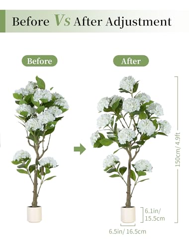 BLOSMON White Hydrangea Artificial Trees: 5ft Real Touch Faux Hydrangeas Flower Tree with Pot for Front Porch Planters Decoration Outdoor - Fake Silk Floral Plant for Home Patio Entrance Decor Indoor - color: White Hydrangea