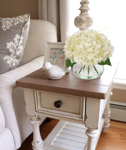 Hollyone Ivory White Hydrangea Artificial Flowers with Glass Vase Green Silk Faux Flowers Arrangements in Vase with Faux Water Fake Floral Bulk Bouquet for Home Decor Table Centerpiece Decorations - color: Hydrangea, Ivory