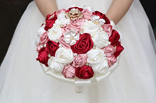Bridal Wedding Bouquet with Rhinestone Brooch Pearl for Bride Bridesmaid Wedding Quinceanera Satin Rose Flower Bouquet Burgundy and Blush Pink Ivory 9.8in - color: Burgundy Blush & Ivory 1, size: Extra-large (DIA. 9.8"/25cm)