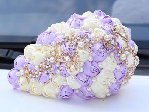 Handmade Satin Rose Water Drop Bridal Bouquet,8.7inch Crystal Wedding Round Tossing Bouquet,Jewelry Proposal Bridesmaid Bouquet Groom Corsage Bride Wrist Flower Ivory (Light Purple&Ivory) - color: Light Purple&ivory