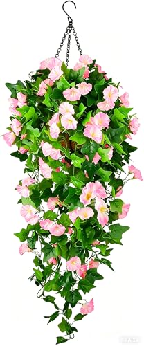 Artificial Fake Hanging Flowers Plants Basket for Spring Outdoor Outside Decoration, UV Resistant Faux Plastic Fabric Flower Morning Glory Wisteria Petunia for Garden Porch Patio Balcony Yard Decor - color: Pink