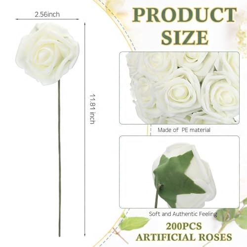 Tigeen 200 Pack White Artificial Roses Flowers Bulk with Stems Artificial Foam Rose Real Looking Fake Flower for DIY Wedding Bouquets Bridal Shower Centerpieces Floral Arrangements Home Decoration - color: White
