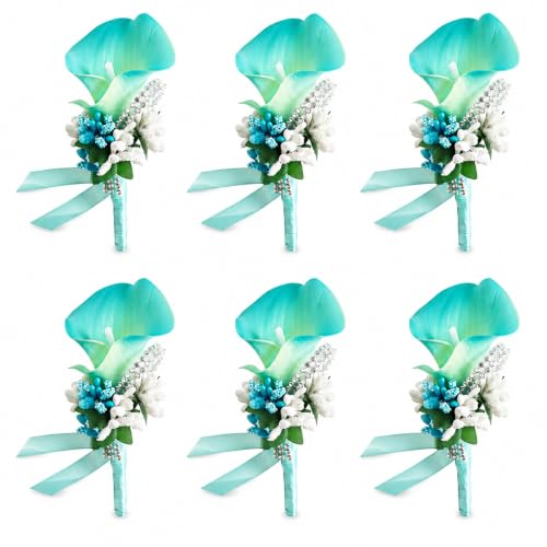 ChezMax Calla Lily Blue Boutonniere Handmade Silk Flower with Ribbon Corsage for Bride Groom Wedding Party 6 Packs - color: B-blue Boutonniere-6 Pcs