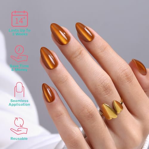 32Pcs Soft Gel Press on Nails for Women, Orange Cat Eye, Short Almond | Magnetic Glass Cateye False Fake Nails Press Ons for Office Daily Wear, Salon Quality Reusable Glue & Stick on Nail Gift Kit - color: 1B-Orange Cat Eye
