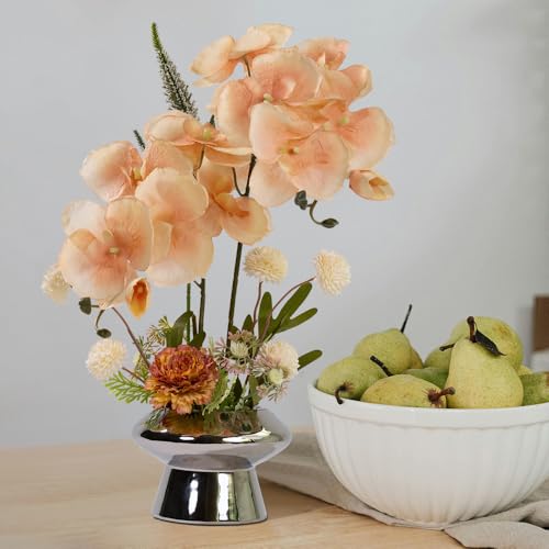 LESING Orchids Flowers Arrangement in Pot,Fake Silk Orchid Artificial Flower with Ceramic Vase Faux Orchid Flower Bonsai Vivid Phalaenopsis Flowers Potting Decoration (Silver Vase,Light Coffee) - color: Silver Vase,light Coffee