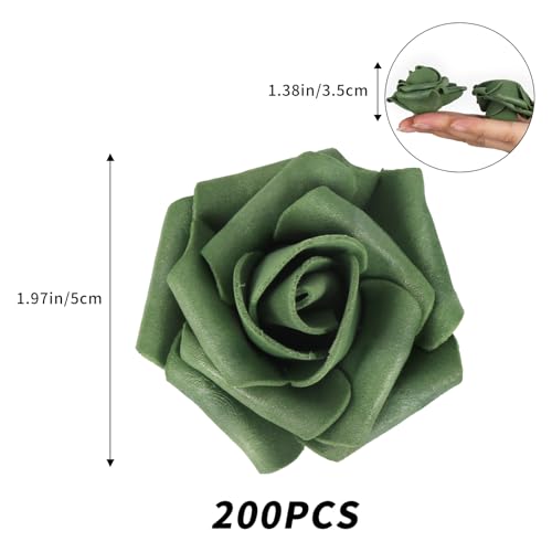 Foam Flowers,200PCS Emerald Green Roses 1.97in Fake Roses Artificial Roses Flowers for Craft DIY Wedding Party Home Decoration(Green) - color: Green
