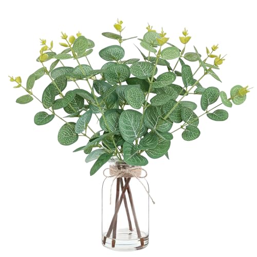 Artificial Eucalyptus Stems in Glass Vase with Faux Water,Artificial Plants Eucalyptus Leaves for Shelf Desk Bathroom Farmhouse Room Coffee Table Home Decor, Central Decoration. - color: Eucalyptus Leaves 2