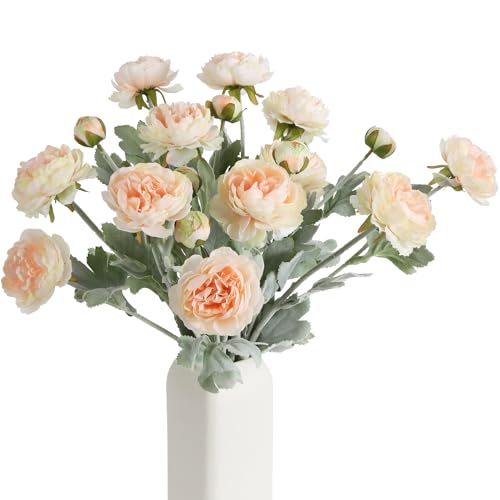 IPOPU Champagne Fake Peonies Artificial Ranunculus Flowers 6pcs 18Heads Champagne Silk Flowers 20.47" Artificial Flowers Bulk for Faux Floral Arrangements Home Table Decor - color: Champagne