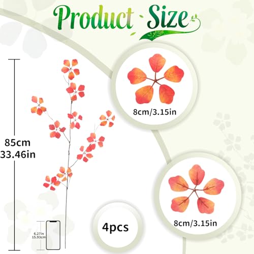 4 Pcs 38.5" Tall All-Orange Artificial Branches with Leaves, Realistic Faux Ficus Greenery Stems, Bendable Fake Plant Twigs for Tall Floor Vases, Home, Office Spring Decor(Autumn Five-Leaf) - color: Autumn Five-leaf