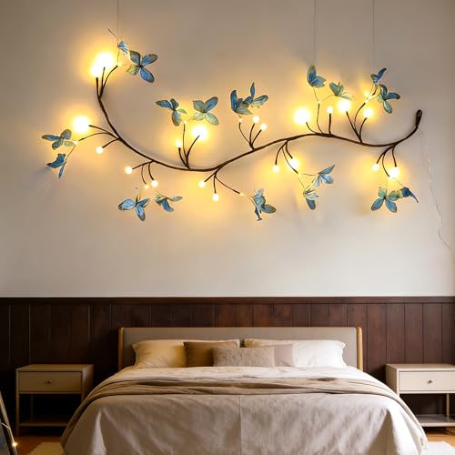 Blue Butterfly LED Tree Branch Lights for Wall, Butterfly Vine Lights for Bedroom with 144 LED Flower String Lights and USB Powered,8Lighting Modes for Indoor Window Wedding Decor (91in) - size: 91in, style: Blue butterfly