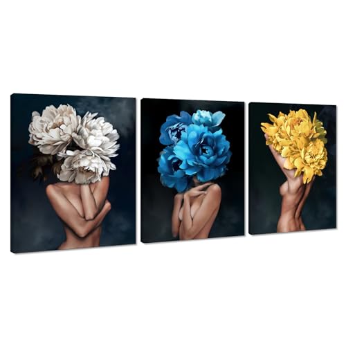 3 Panels Women Pictures Wall Art Flowers Head Posters Prints on Canvas Sexy Girls Artwork for Living Room Bedroom Home Decoration Framed Ready to Hang - 12" W x 16"H x 3pcs - color: Art01, size: 12x16x3pcs
