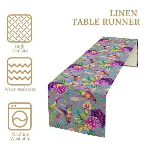 Hummingbird Table Runner,Spring Purple Hydrangea Floral Plants Table Runner for Holiday Kitchen Living Room Home Party Decor 13x36 Inch - color: Hummingbird-4, size: 13x36in