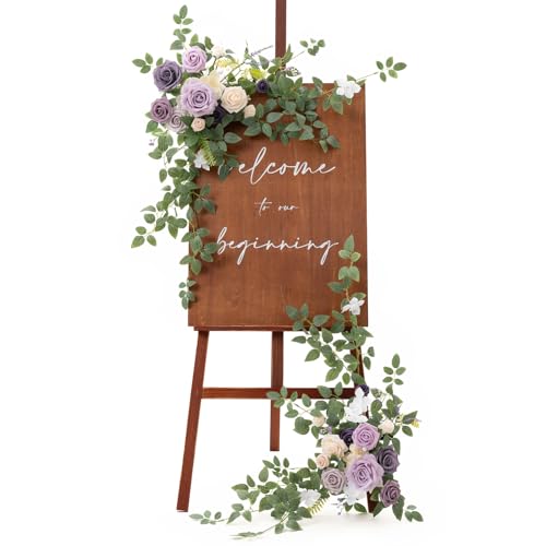 Ling's moment 2pcs Wedding Flowers Garland Artificial Floral Swag Arch Decorations Greenery Arrangements Lilac & Gold Ceremony Reception Garden Easel Wall Home Entryway Outdoor NOT Include Sign - color: Lilac & Gold