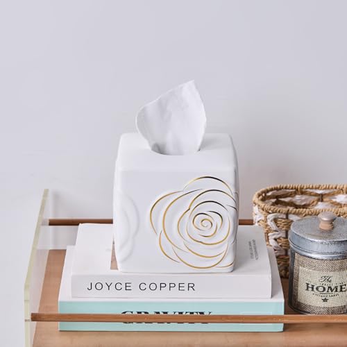 White Ceramic Cube Tissue Box Cover with Gold Rose – Large Elegant Rose Floral Square Decorative Tissue Box Holder for Bathroom, Bedroom, Office Desk, Kitchen Counter – Perfect Housewarming Gift - color: White&gold