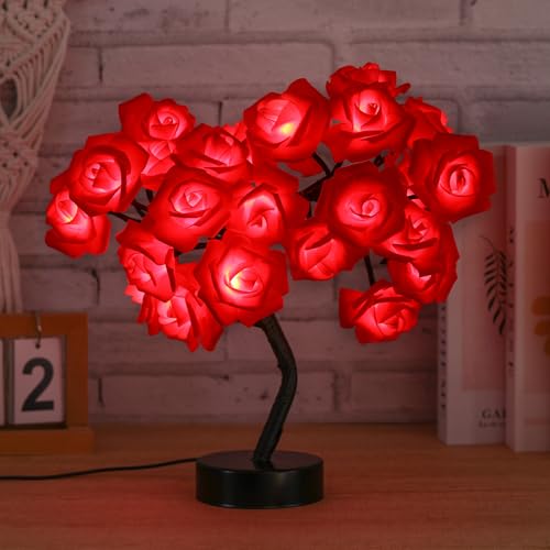 Drawelry Rose Flower Tree Lamp - LED Rose Tree Table Lamp USB/Battery Powered Artificial Bonsai Flower Night Light for Bedroom Living Room Party Wedding Valentines Mothers Day Decor (Red) - color: Red