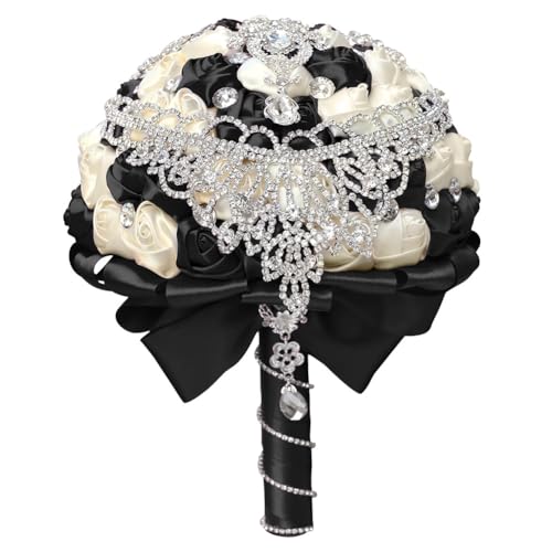 XINNI Handmade Bridal Wedding Bouquet Bride Bridesmaid Satin Rose Flower Bouquet with Drop-Shaped Rhinestone Wedding Decoration (Black+Ivory) - color: Black+ivory
