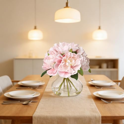 Pink Peony Bouquet in Glass Vase - 6 Piece Artificial Flower Arrangement with Faux Water for Wedding & Home Centerpieces - color: Peony Flowers, size: Pink