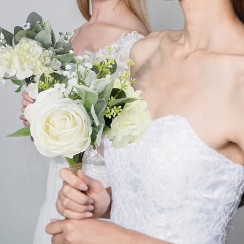 Bridesmaid Bouquets Set of 2 - Ivory White Artificial Flowers Bouquet for Bridesmaids Wedding Small Floral Centerpieces for Marriage Proposal Party Anniversary Dining Table Decor -7 Inch - color: White, size: 2pcs Bouquets