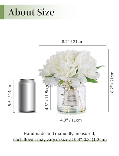 BLOSMON Fake Flowers in Vase for Table: White Artificial Hydrangea with Glass Vase LED Light for Centerpieces Decor - Small Faux Arrangements Desk Vanity Bathroom Office Decoration - color: White