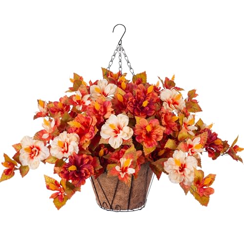 Artificial Fake Fall Hanging Flowers with Basket for Outdoors Decoration 3PCS Faux Fall Flowers for Outdoor Planters UV Resistant No Fade Silk Hibiscus for Home Porch Patio Garden Balcony Yard Decor - color: Hibiscus Zd-red Orange White Basket