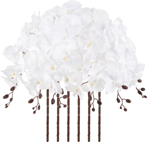 41.34" Pure White Orchid Artificial Flowers 6PCS Velvet Silk Orchids Long Stem Faux Orchid Flowers for Tall Vase for Home Party Wedding Décor (Pure White) - color: Pure White