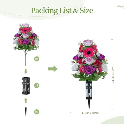 Artificial Flowers for Cemetery Grave: 2 Pcs Memorial Day Grave Decorations for Cemetery - Fake Purple Pink Roses Funeral Flowers Arrangements with Vase for Mothers Gravesite Outdoor - color: Pink & Purple