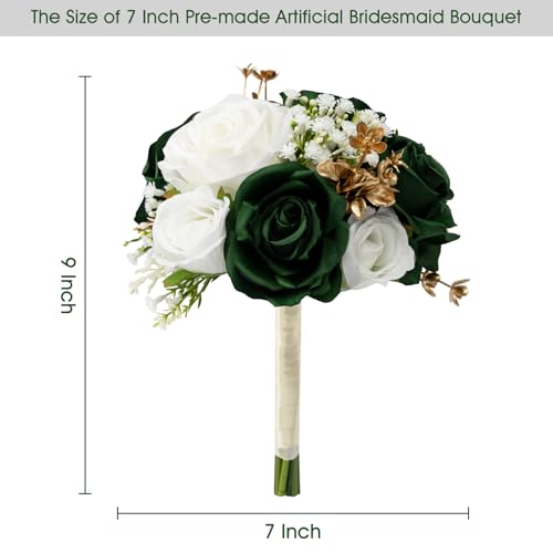 Wedding Bridesmaid Bouquets Set of 4, Artificial Silk Flowers Arrangement for Ceremony Marriage Proposal Party Anniversary Decorations - Emerald Green & Gold & White - color: Emerald Green & Gold & White, size: Set of 4 Bouquets