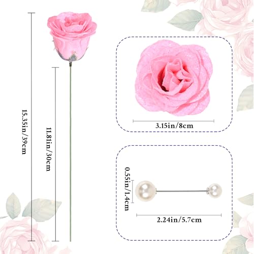 Waipfaru Pink Glitter Roses Bouquet, DIY Fake Flowers Bouquet, Artificial Rose Bouquet for Valentines, Anniversary, Engagement, Wedding, 24 Roses - color: Pink, size: 24pcs