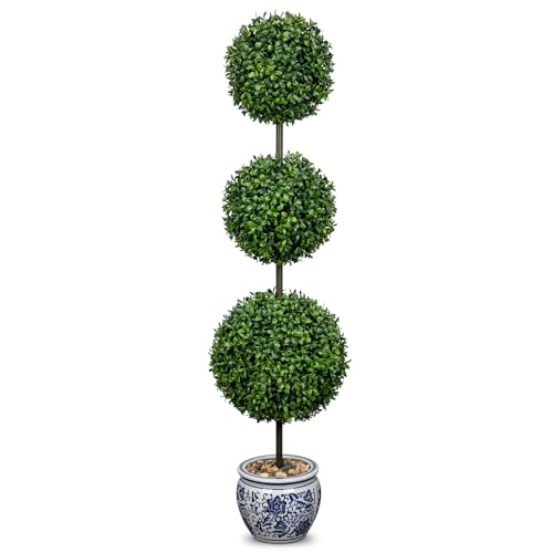 3FT Topiary Trees Artificial Outdoor Trees for Porch UV Resistant Potted Shrubs Boxwood Topiary with Blue and White Porcelain,Artificial Plants Indoor-Fake Topiary for Outdoors, Home,Garden Decor - color: 3 Ft