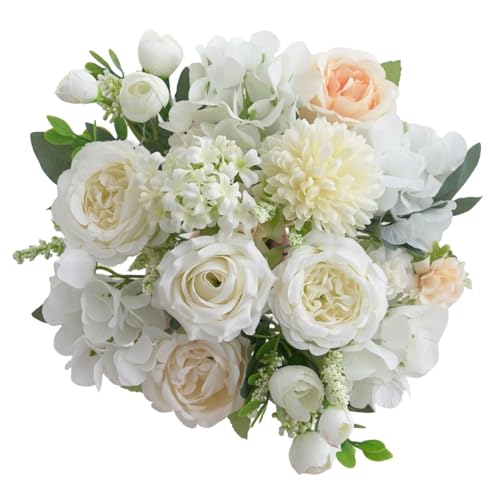 4 Pcs Mixed Artificial Peony Flowers Set-2 Bouquets & 2 Stems, Small White Fake Peony Rose Hydrangea Flower for Vase Silk Floral Arrangements for Table Centerpiece Wedding Home Party Bridal Decoration - color: White, size: Mixed 4pcs