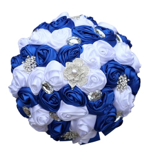 Royal Blue and White Bridal Wedding Bouquet with Silver Brooch Bling Rhinestone Bouquet for Bride Bridesmaid Quinceanera Satin Rose Flower Bouquet Wedding Royal Blue and White 8.7in - color: Royal Blue & White(silver Brooch), size: Diameter: 8.7 inches