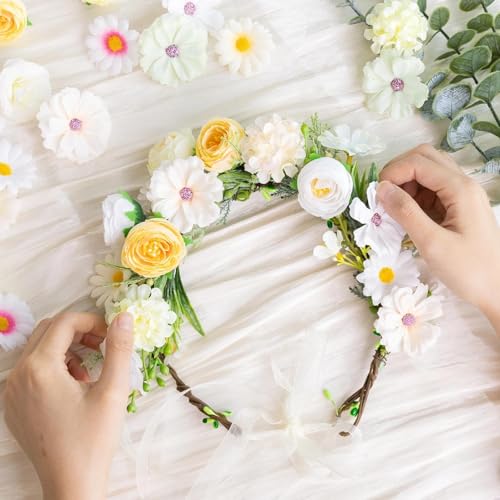 Fake Flower Heads for Crafts, 66PCS Mini Artificial Flowers Bulk, Small Silk Daisy Rose Sunflower Faux Floral Heads for DIY Hair Clips, Wedding Cake, Graduation Cap, Wreath & Party Decoration - color: White