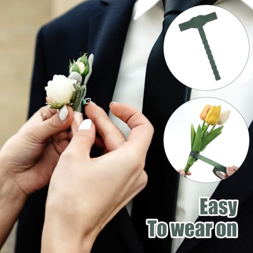 31Pcs Triangle Boutonniere Safety Pins with Flower Tape, T-Shaped Plastic Corsage Pins Safety Clips for Bride Groom, Tiny Boutonniere Supplies for Wedding Festivals Buttonhole Flowers Button Making