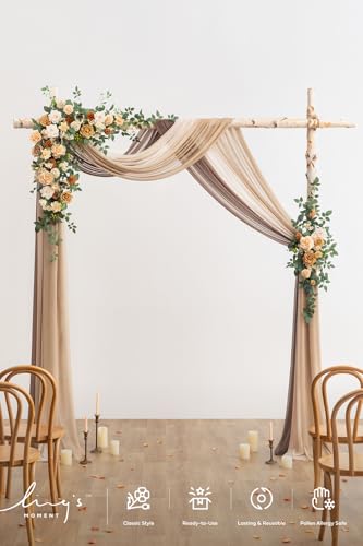Ling's moment Artificial Wedding Arch Flowers with Drapes Kit-Pack of 5, 2pcs Flower Arrangements 3pcs Hanging Sheer Drapes Ceremony Arbor Backdrop Rose Floral Decorations, Apricot & Soft Peach - color: Or-apricot & Soft Peach