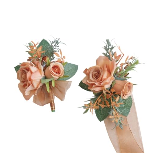 Orange Rose Wrist Corsage Wristlet Band Bracelet and Boutonniere Set for Girl Mother Grandmother Bride Bridesmaid Groom Groomsmen Artificial Flower for Wedding Accessories Prom Suit Decorations - color: Orange Corsage and Boutonniere