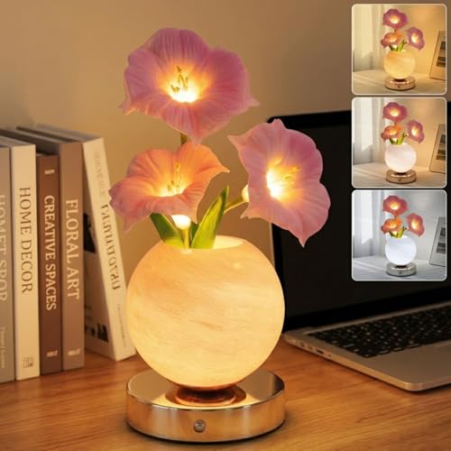 Flower Table Lamp, Rechargeable Cordless Touch Dimming Artificial Morning Glory Flower Desk Lamp, LED Flower Bedside Night Light Romantic Gifts for Girl Women Mom (Pink Morning Glory) - color: Pink Morning Glory