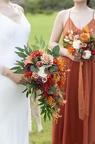 Ansofi 11" Burnt Orange Wedding Bouquets for Bride Rustic Boho Cascading Bridal Bouquet Flowers for Fall Vintage Wedding Party Ceremony Decor - color: Bridal Bouquet, size: 17.72 inches high, 11 inches in diameter