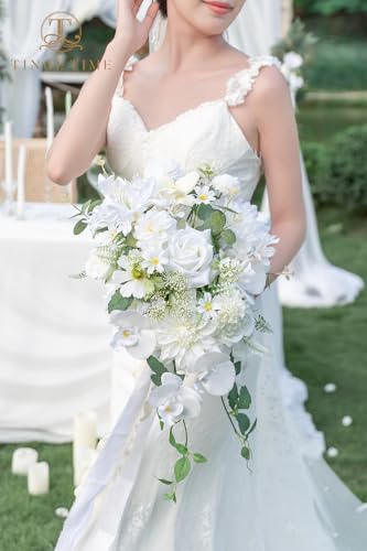 TINGE TIME 11 Inch Wedding Bouquets for Bride, IvoryWhite Artificial Flowers Bouquet, Brides & Bridesmaids Bouquet for Wedding Anniversary Ceremony Bridal Shower Decorations - color: Ivorywhite