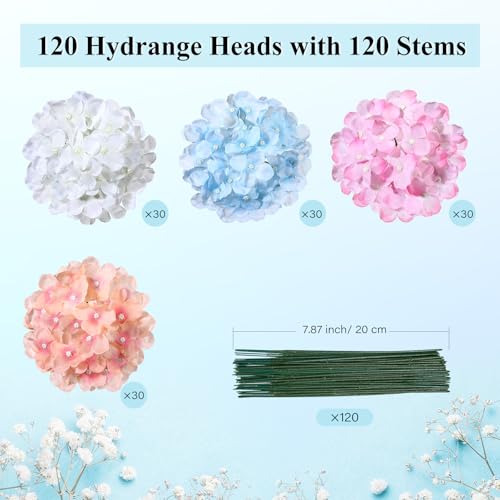 Giegxin 120 Pcs Artificial Hydrangea Flowers Bulk, Blue, Pink, White, Light Pink, Faux Silk Hydrangea Flower Heads with 120 Stems for Wedding Centerpieces, Home, Garden, Baby Shower, Party (4 Colors)