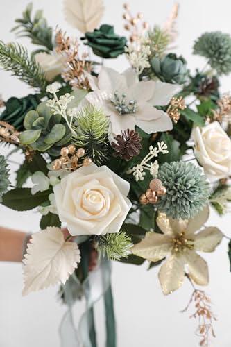 rongflower Christmas Artificial Flowers Greenery Combo Box Set Silk Flowers Fake Rose for DIY Christmas Red Theme Decoration Tree Ornaments, Xmas Wreath Floral Arrangements Party - color: Chrismas Green Gold