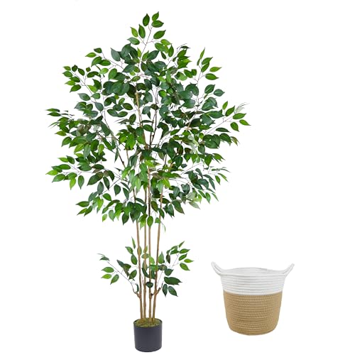 Warmplants Artificial Ficus Tree, 6ft Tall Silk Fake Ficus Leaves Plant with Basket, Indoor Outdoor Faux Greenery Tree for Home Garden Office House Livingroom Décor - color: Ficus, size: 6ft