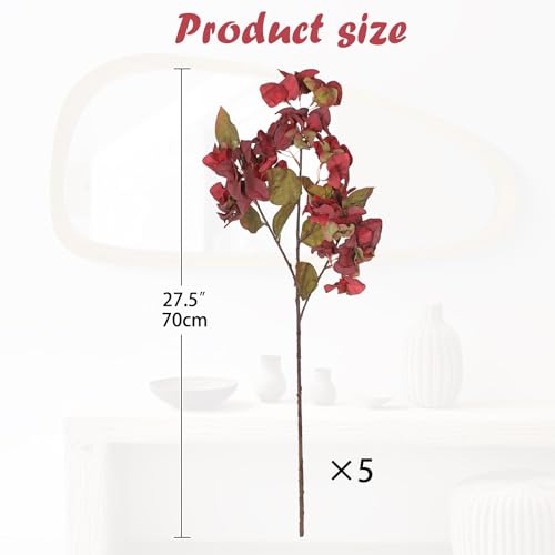 Briful Bougainvillea Artificial Flowers 5 Pack 27.5" Fake Bougainvillea Floral Stems Realistic Silk Bougainvillea Arrangements for Home Weddings Parties Table Vase Centerpiece Decor(Burgundy) - color: Burgundy