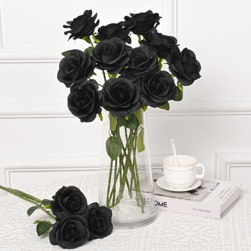 Waipfaru Halloween Flowers, Fake Black Roses Artificial Flowers, Artificial Roses with Long Stems, Faux Silk Roses for Wedding Bouquet Table Centerpieces Indoor Outdoor Decor (10 Pcs, Black) - color: Black, size: 10 Pcs